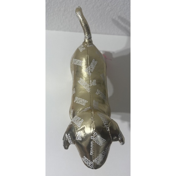 2014 Victoria Secret Plush PINK Dog SHINY Metallic Gold w/ "PINK" Words 8" - Picture 7 of 9